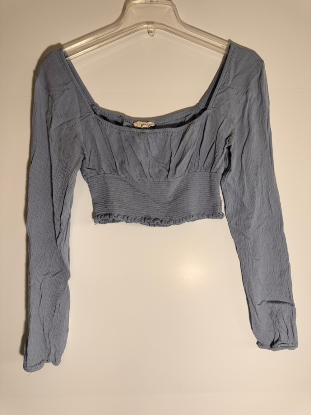 La Hearts Blue Long-Sleeve Smocked Crop Top
